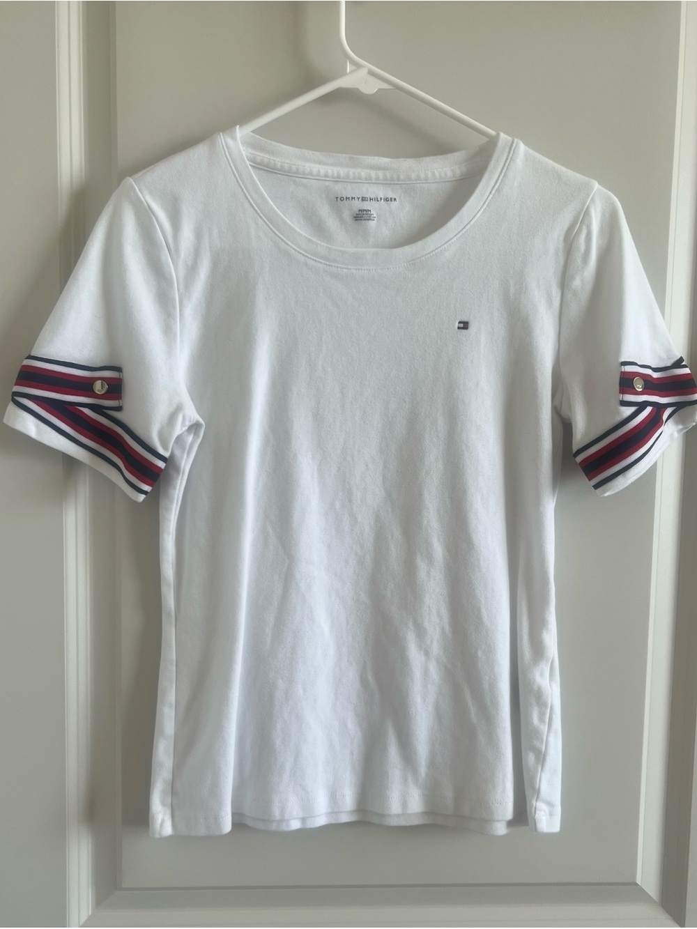 Tommy Hilfiger White Tee with Navy & Red Stripe Sleeve Detail